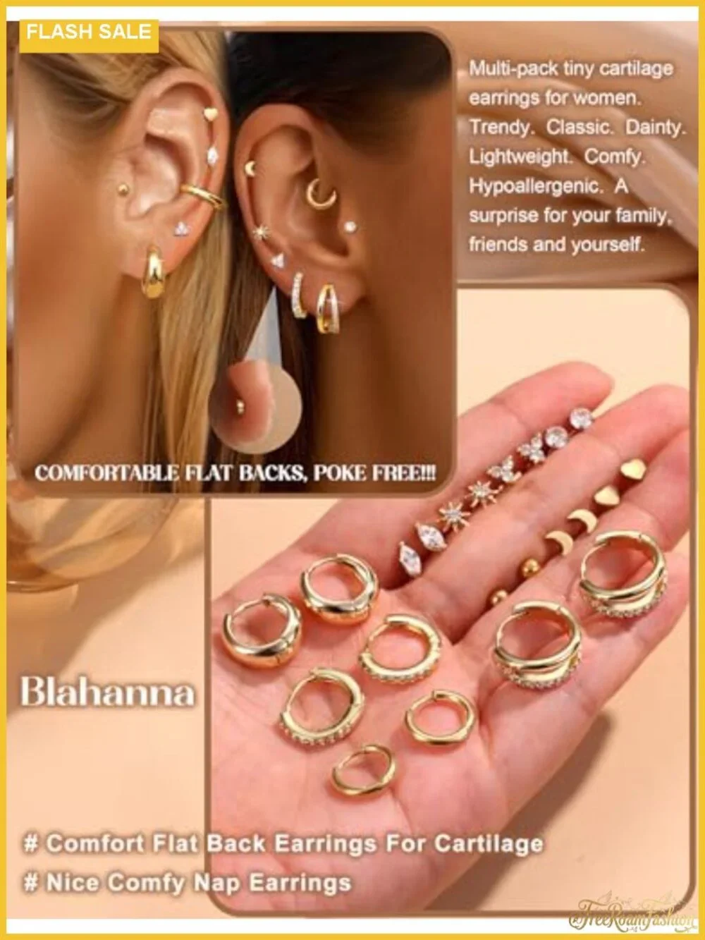14K Gold Plated Surgical Stainless Steel Flat Back Earring Set with Huggie Hoops